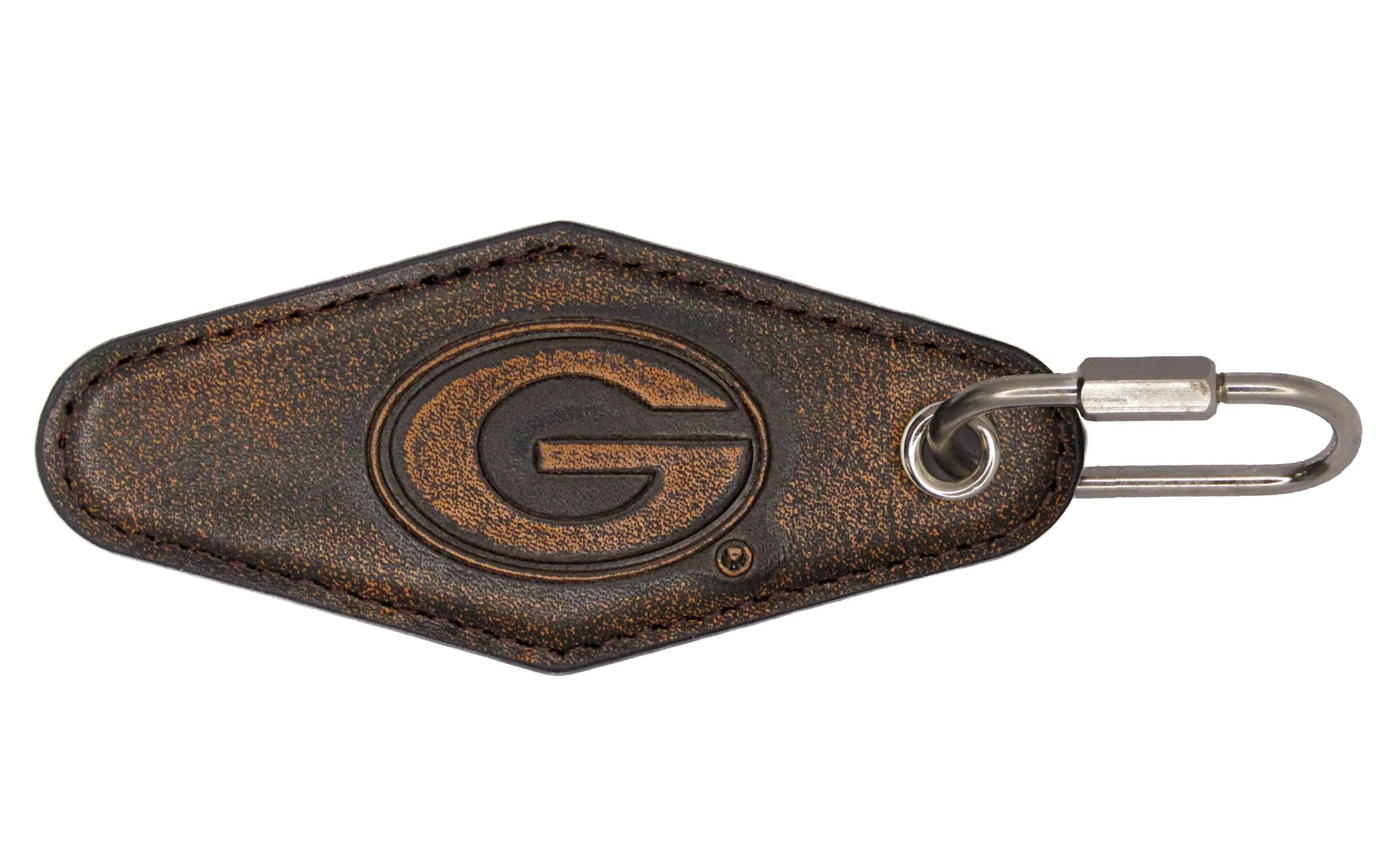 Georgia Bulldogs Collegiate Vintage Full Grain Leather Key Fob. Brown Burnished and Tan Embossed Key Ring.