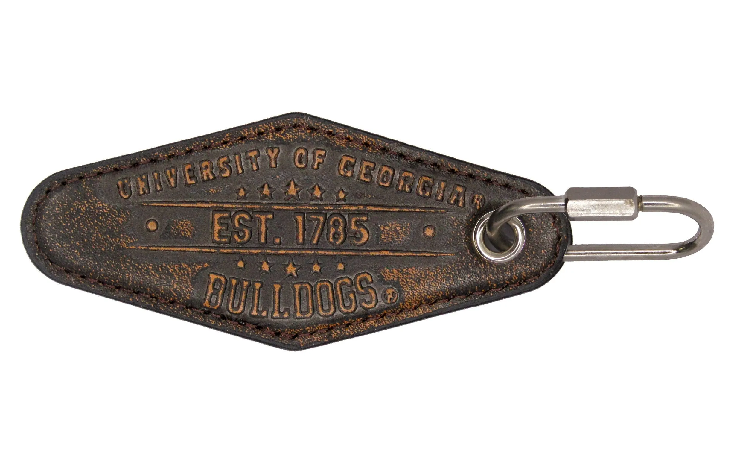 Georgia Bulldogs Collegiate Vintage Full Grain Leather Key Fob. Brown Burnished and Tan Embossed Key Ring.