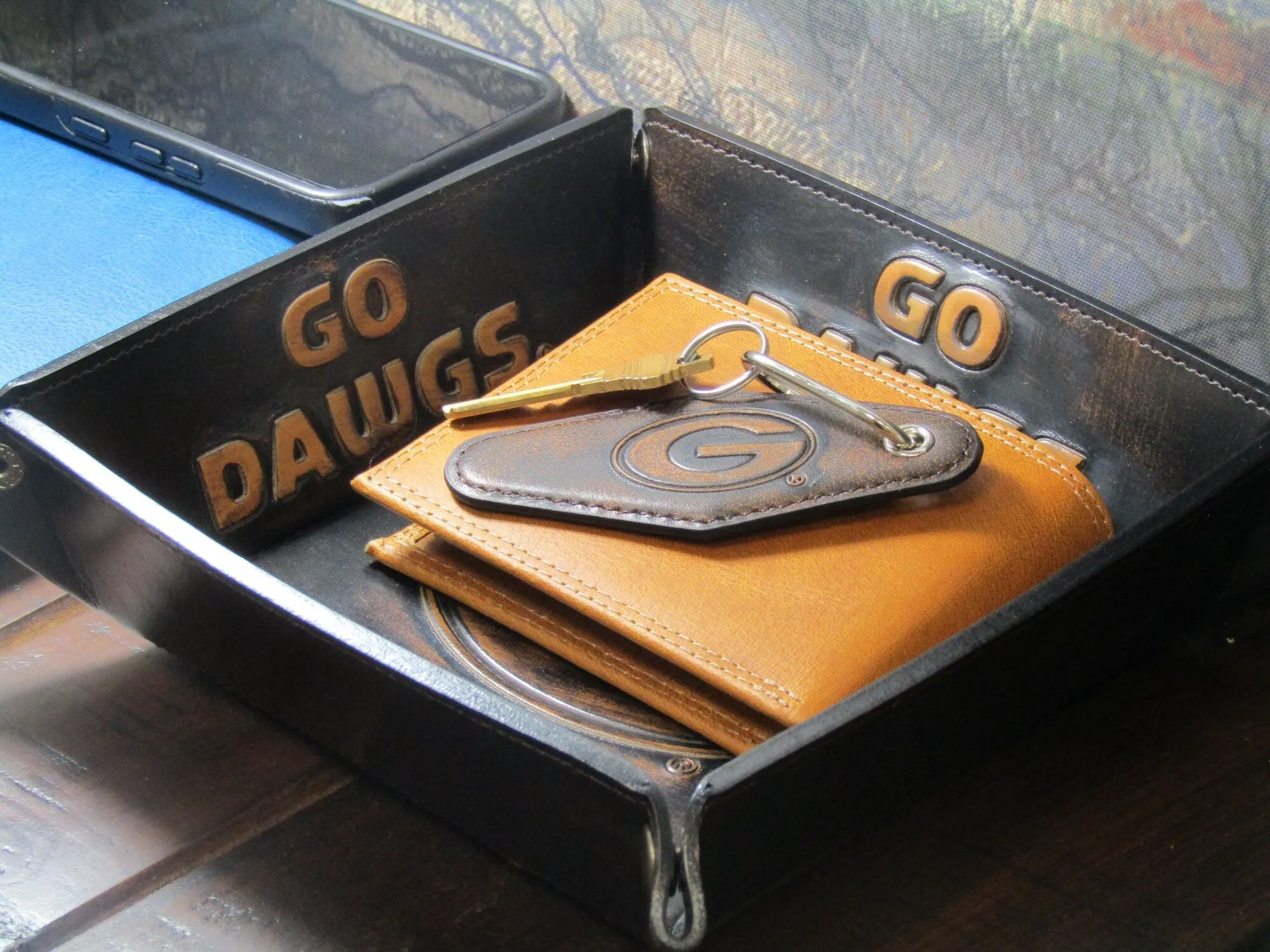 Georgia Bulldogs Collegiate Vintage Full Grain Leather Key Fob. Brown Burnished and Tan Embossed Key Ring.