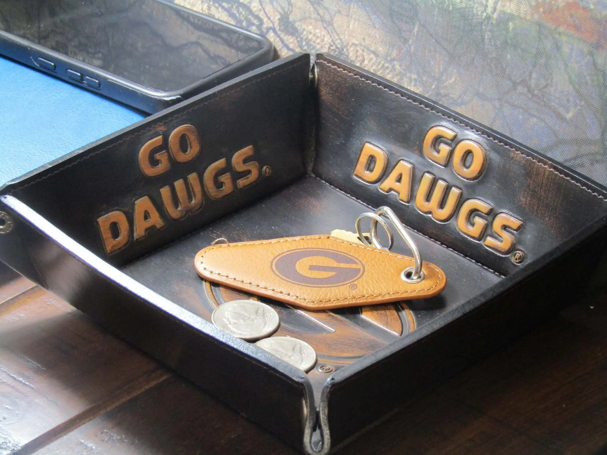 Georgia Bulldogs Collegiate Vintage Full Grain Leather Key Fob. Brown Burnished and Tan Embossed Key Ring.