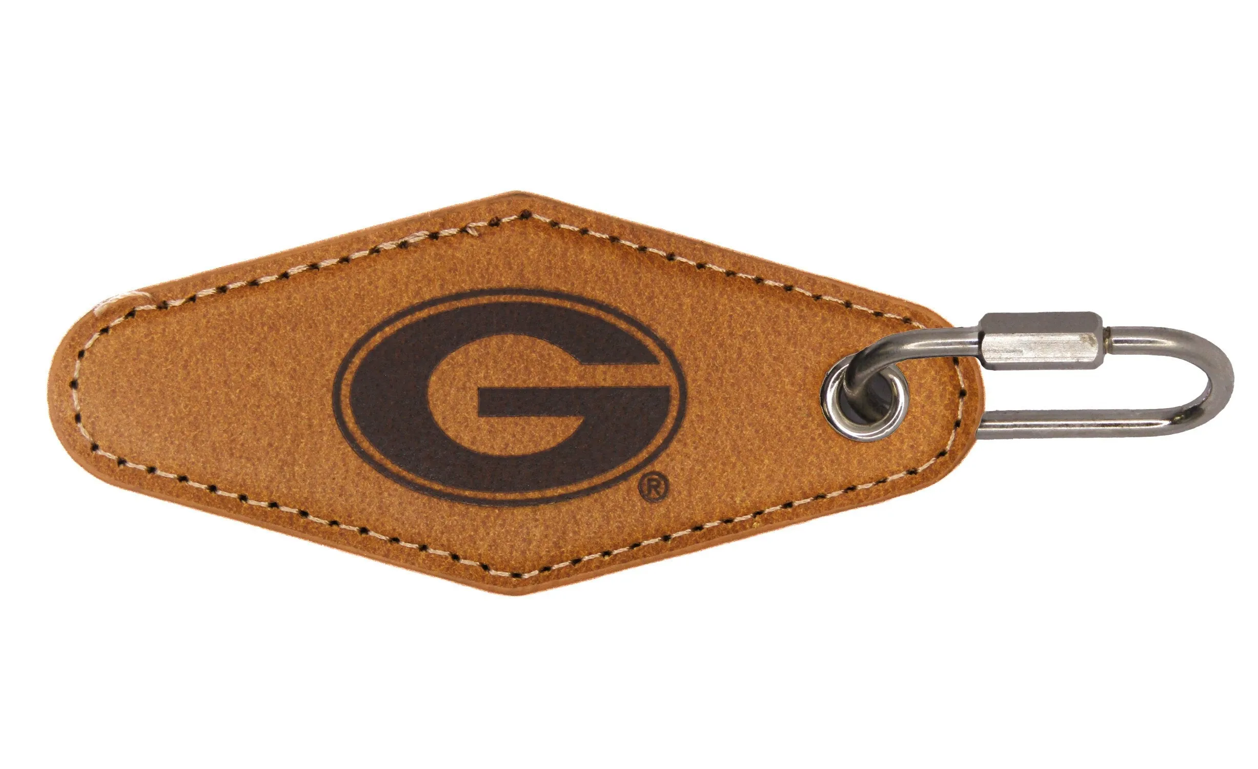 Georgia Bulldogs Collegiate Vintage Full Grain Leather Key Fob. Brown Burnished and Tan Embossed Key Ring.