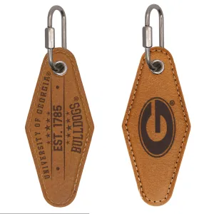 Georgia Bulldogs Collegiate Vintage Full Grain Leather Key Fob. Brown Burnished and Tan Embossed Key Ring.