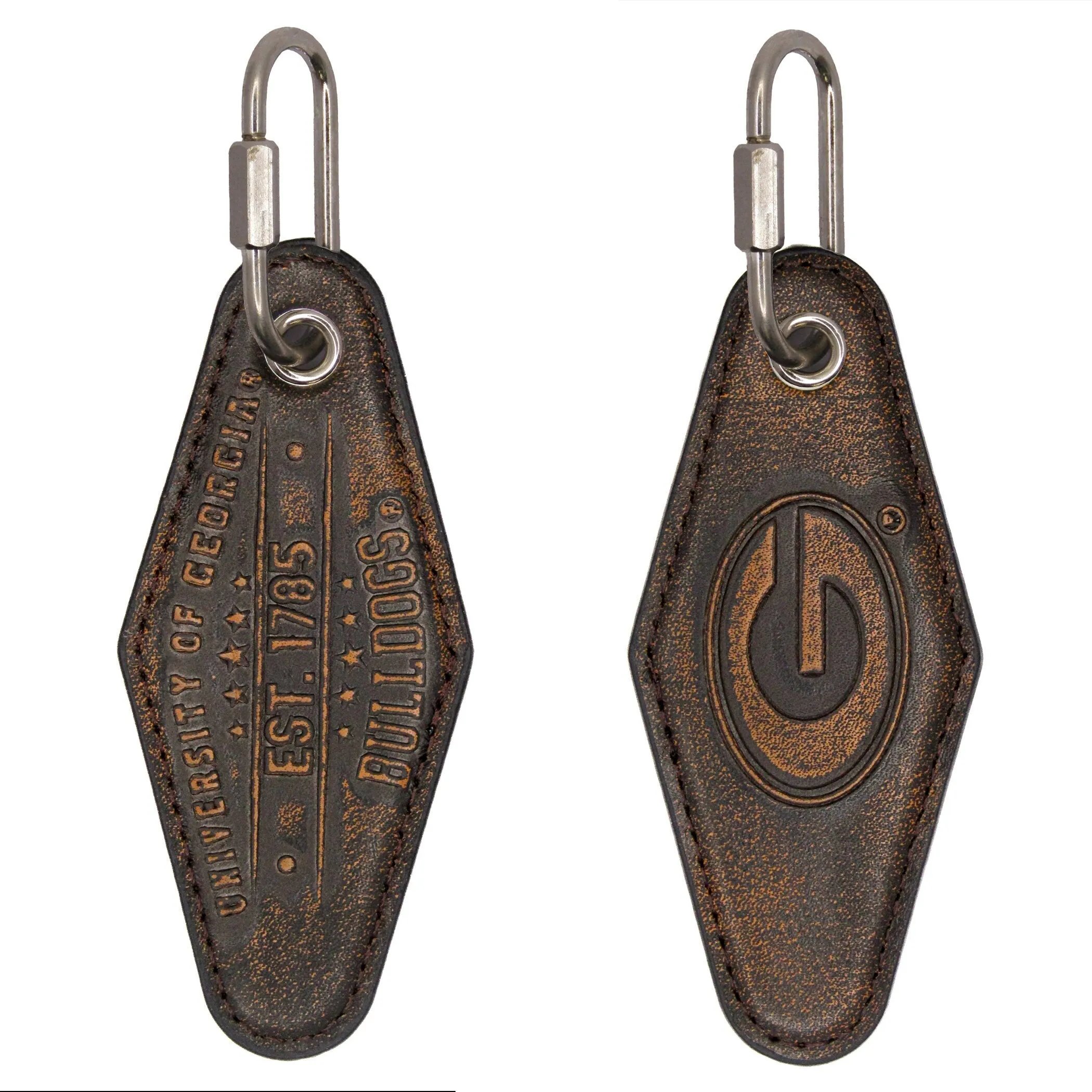 Georgia Bulldogs Collegiate Vintage Full Grain Leather Key Fob. Brown Burnished and Tan Embossed Key Ring.