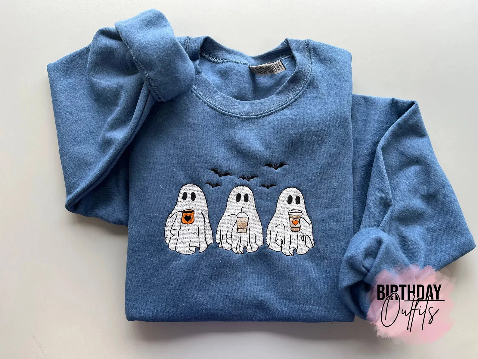 Ghosts Drinking Coffee Embroidered sweatshirt, Spooky, Ghost, embroidered halloween shirt, horror embroidery