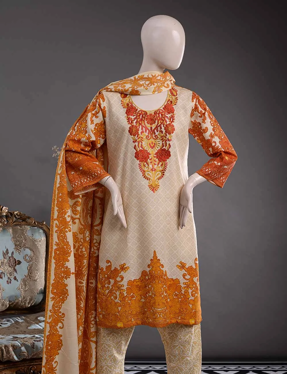 GK-1A - Metallic Flora  |  Unstitched Printed & Embroidered Khaddar Dress