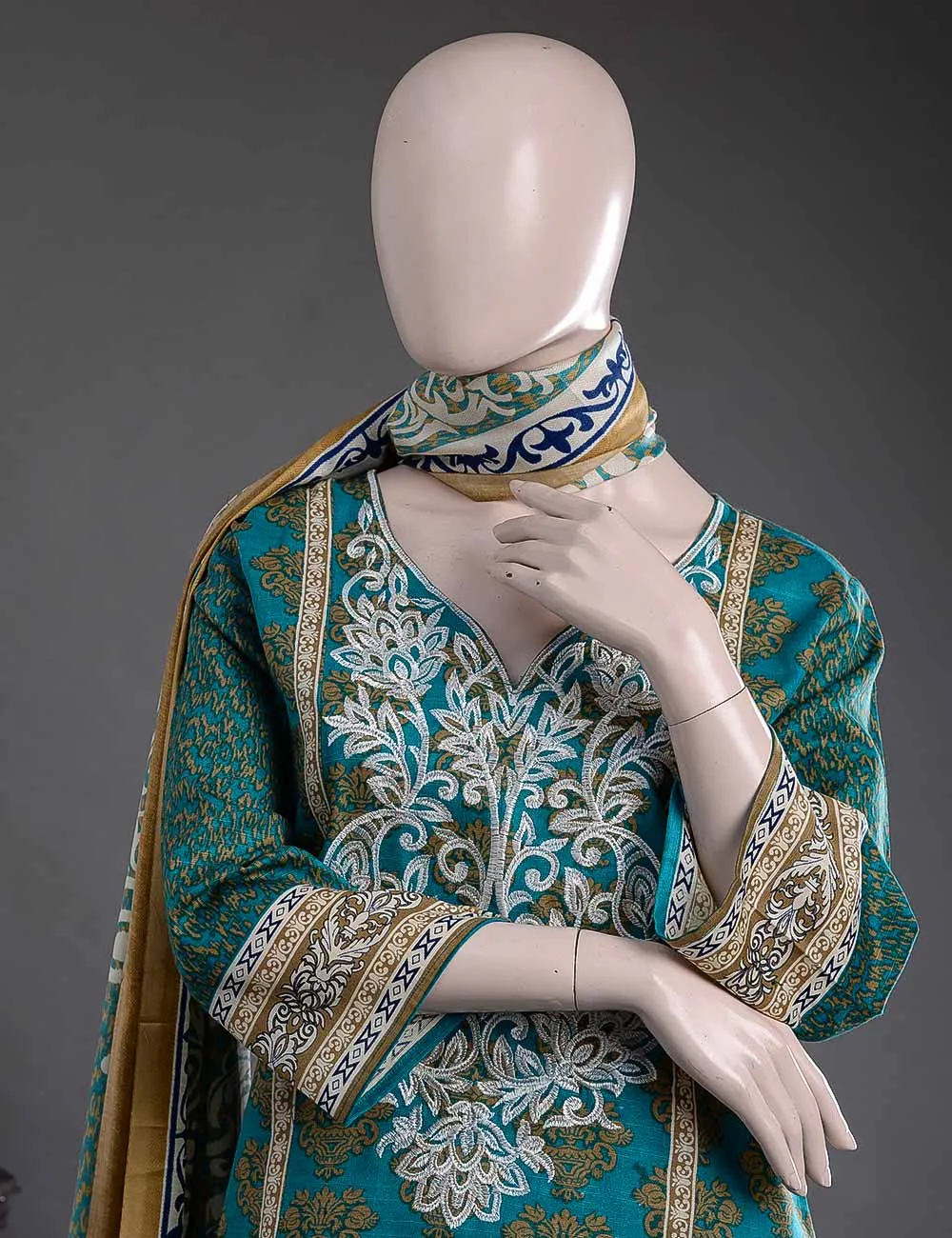 GK-3A - Striking Fleur  |  Unstitched Printed & Embroidered Khaddar Dress