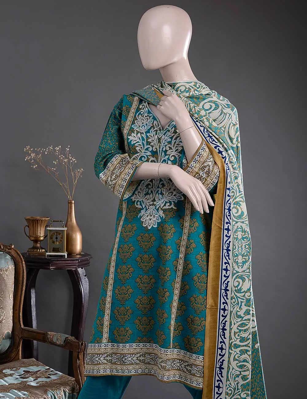 GK-3A - Striking Fleur  |  Unstitched Printed & Embroidered Khaddar Dress