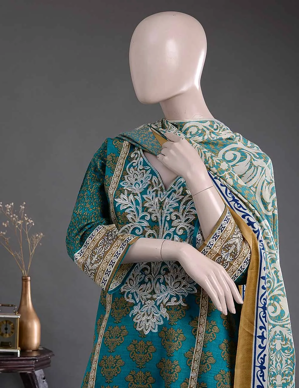 GK-3A - Striking Fleur  |  Unstitched Printed & Embroidered Khaddar Dress