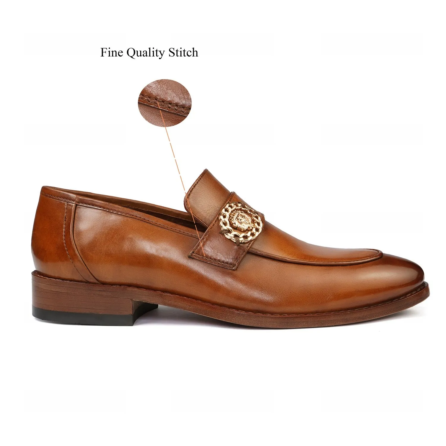 Golden Metallic Chain Lion Logo Tan Formal Slip on Shoe