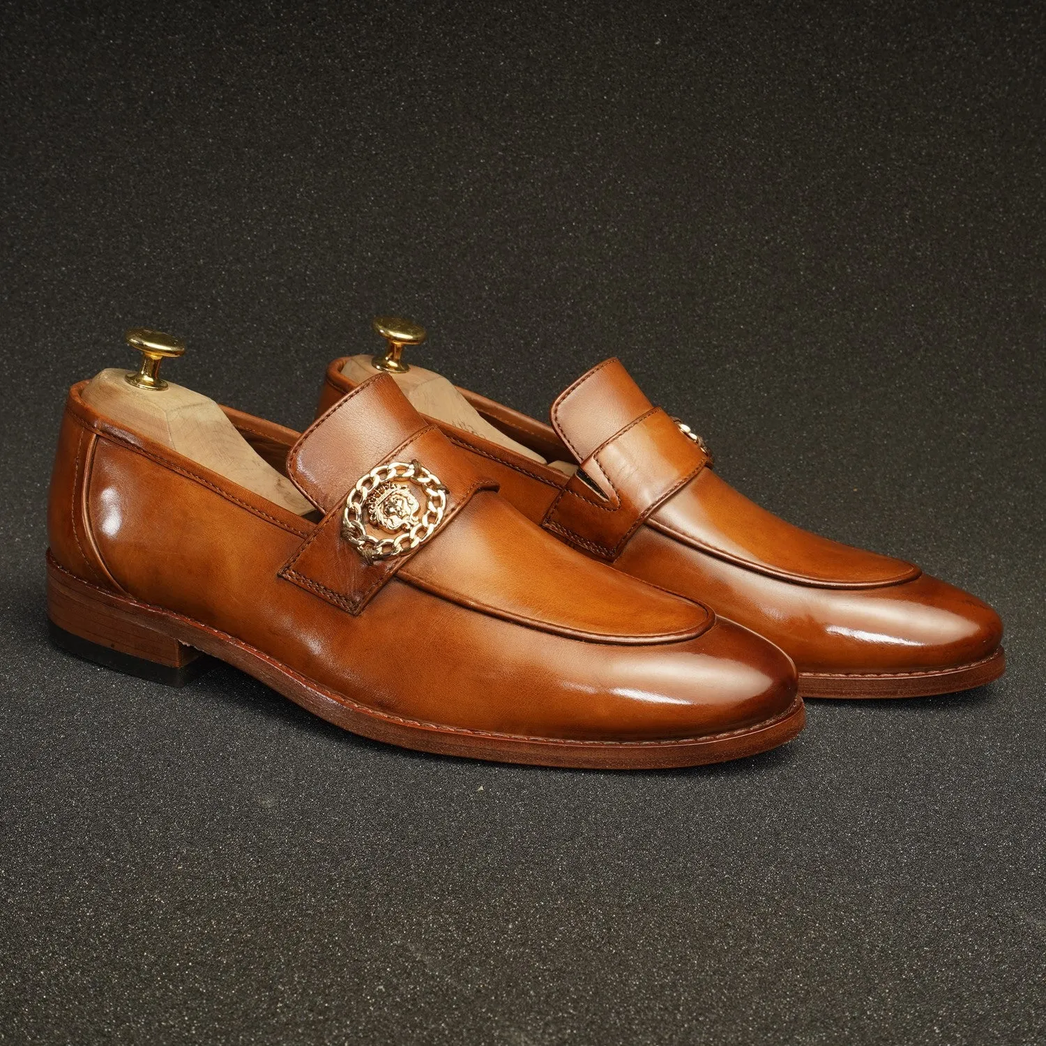 Golden Metallic Chain Lion Logo Tan Formal Slip on Shoe