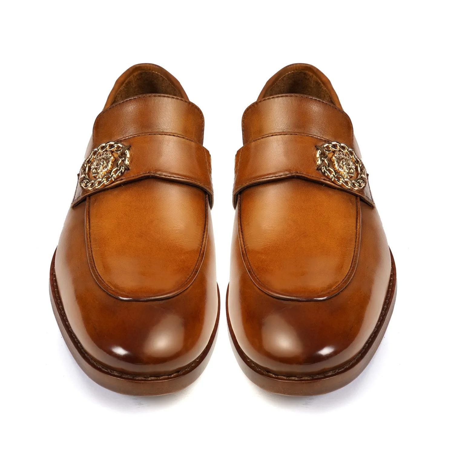 Golden Metallic Chain Lion Logo Tan Formal Slip on Shoe