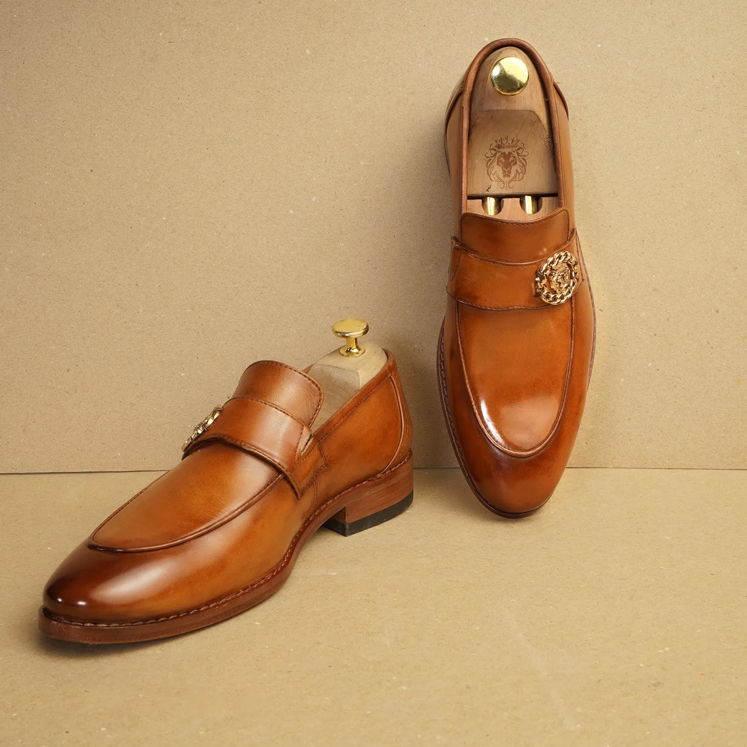 Golden Metallic Chain Lion Logo Tan Formal Slip on Shoe