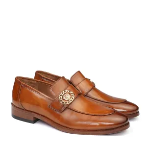Golden Metallic Chain Lion Logo Tan Formal Slip on Shoe
