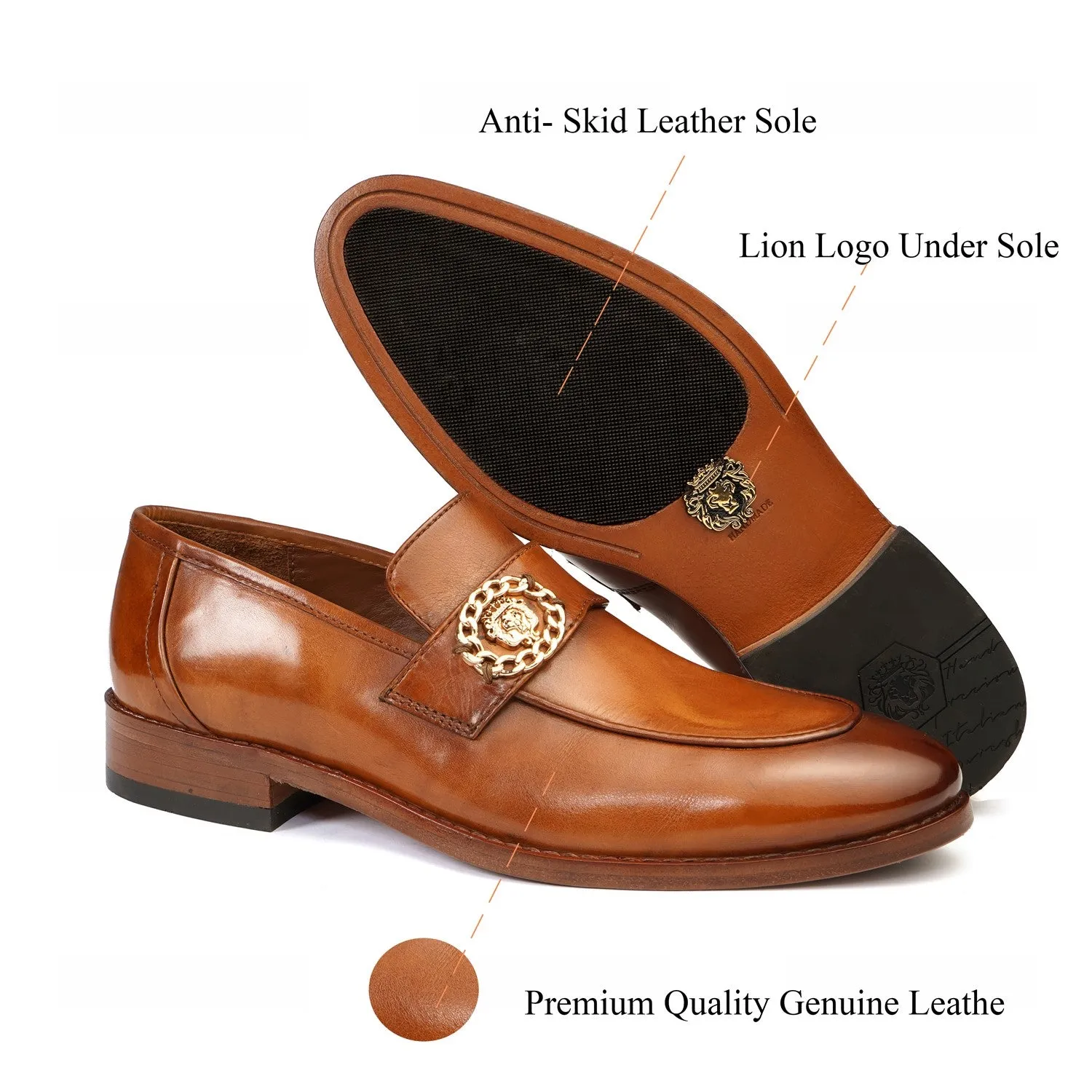 Golden Metallic Chain Lion Logo Tan Formal Slip on Shoe