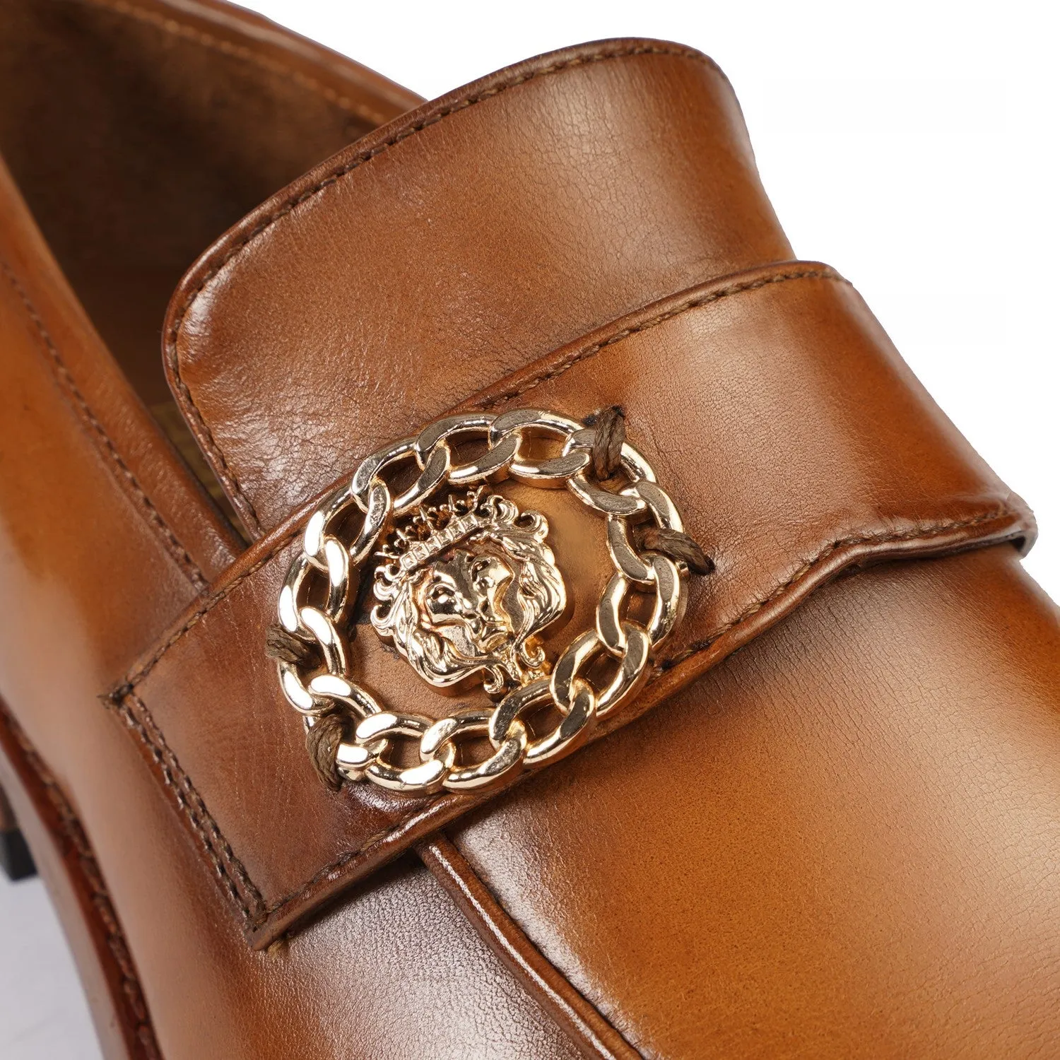 Golden Metallic Chain Lion Logo Tan Formal Slip on Shoe