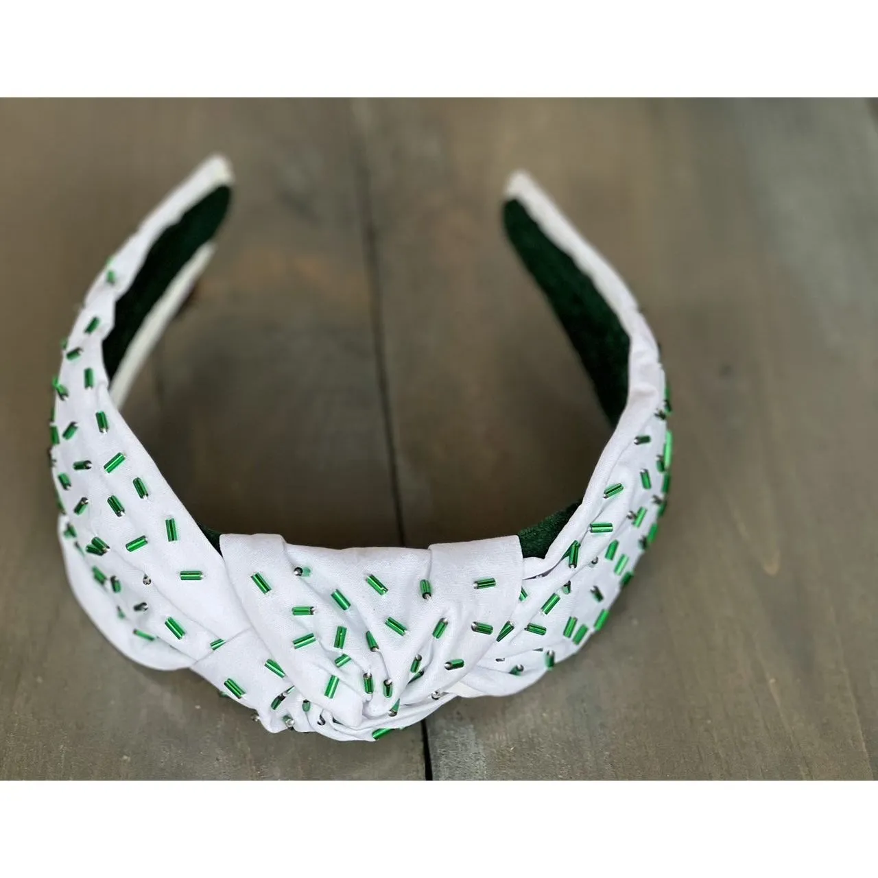 Green Confetti Seed Bead Front Knot Headband.