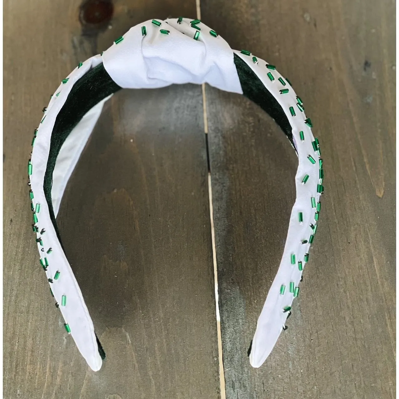 Green Confetti Seed Bead Front Knot Headband.
