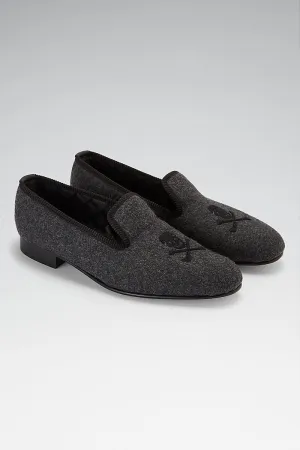Grey Skull & Crossbones Embroidered Flannel Slippers