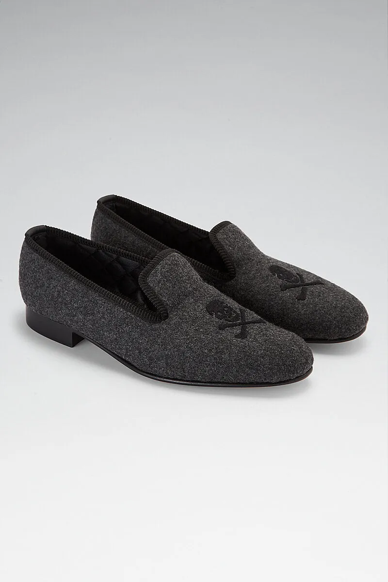 Grey Skull & Crossbones Embroidered Flannel Slippers