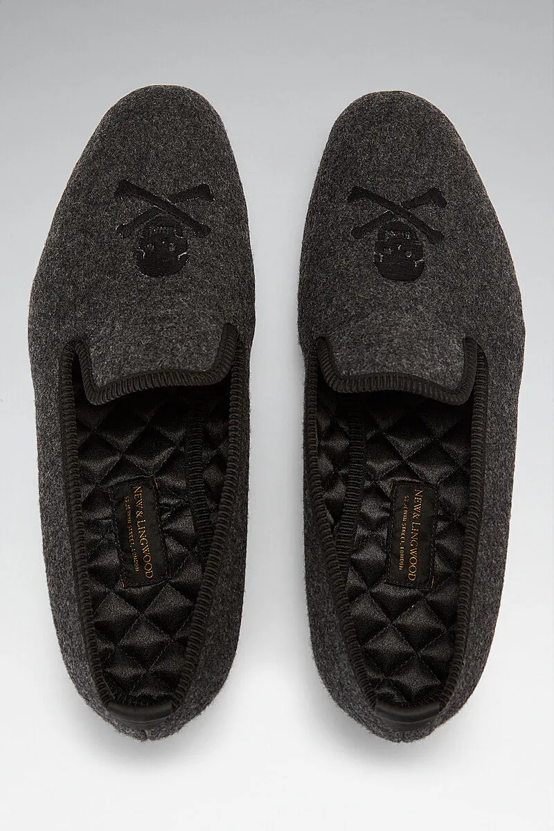 Grey Skull & Crossbones Embroidered Flannel Slippers
