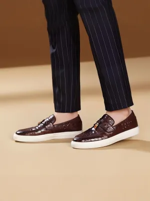 Handmade brown stone pattern embossed white outsole shoes European and American style metal tassel slip-on loafers for men