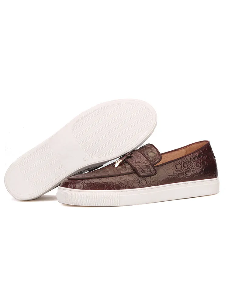 Handmade brown stone pattern embossed white outsole shoes European and American style metal tassel slip-on loafers for men