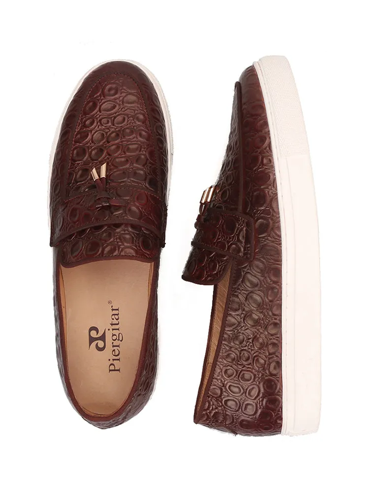 Handmade brown stone pattern embossed white outsole shoes European and American style metal tassel slip-on loafers for men