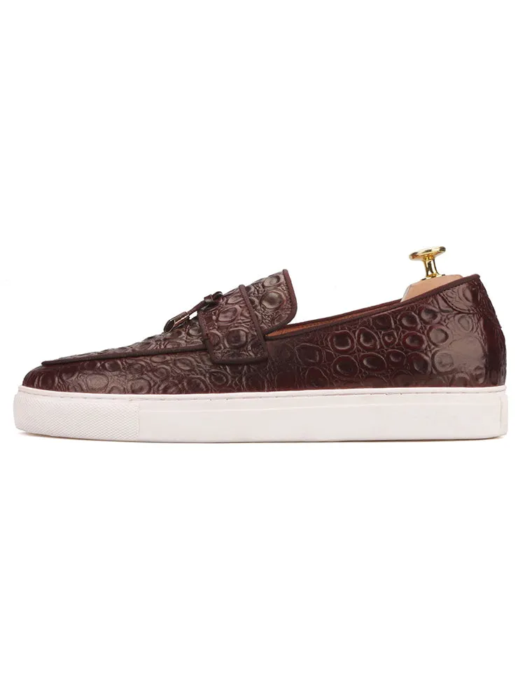 Handmade brown stone pattern embossed white outsole shoes European and American style metal tassel slip-on loafers for men