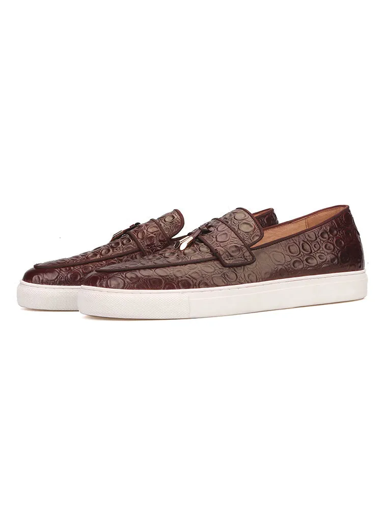 Handmade brown stone pattern embossed white outsole shoes European and American style metal tassel slip-on loafers for men