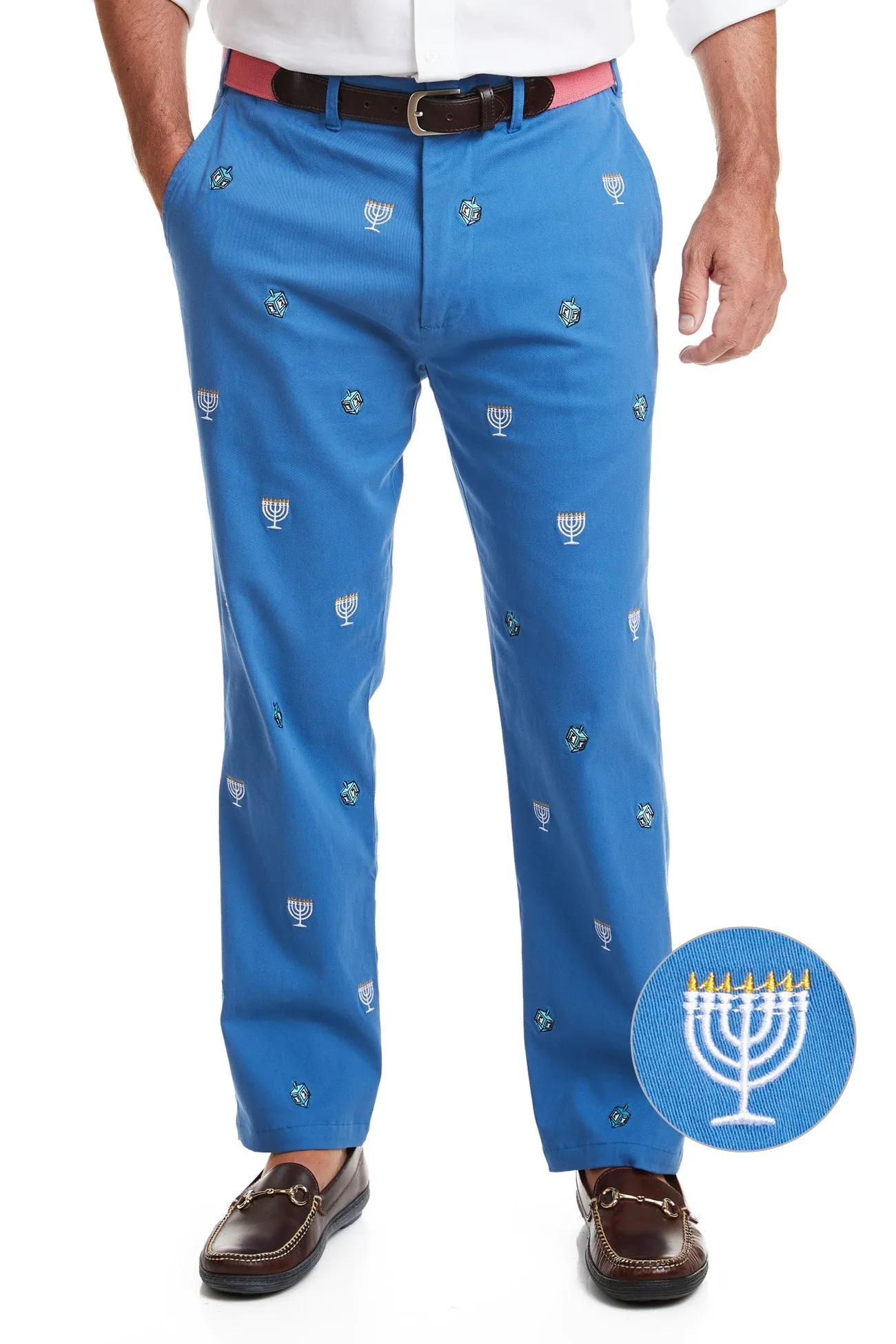 Harbor Pant Deep Ocean Blue with Menorah and Dreidel