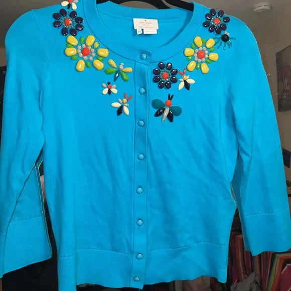 Kate spade Floral Beaded Kati Cardigan with butterfly bee and flowers
