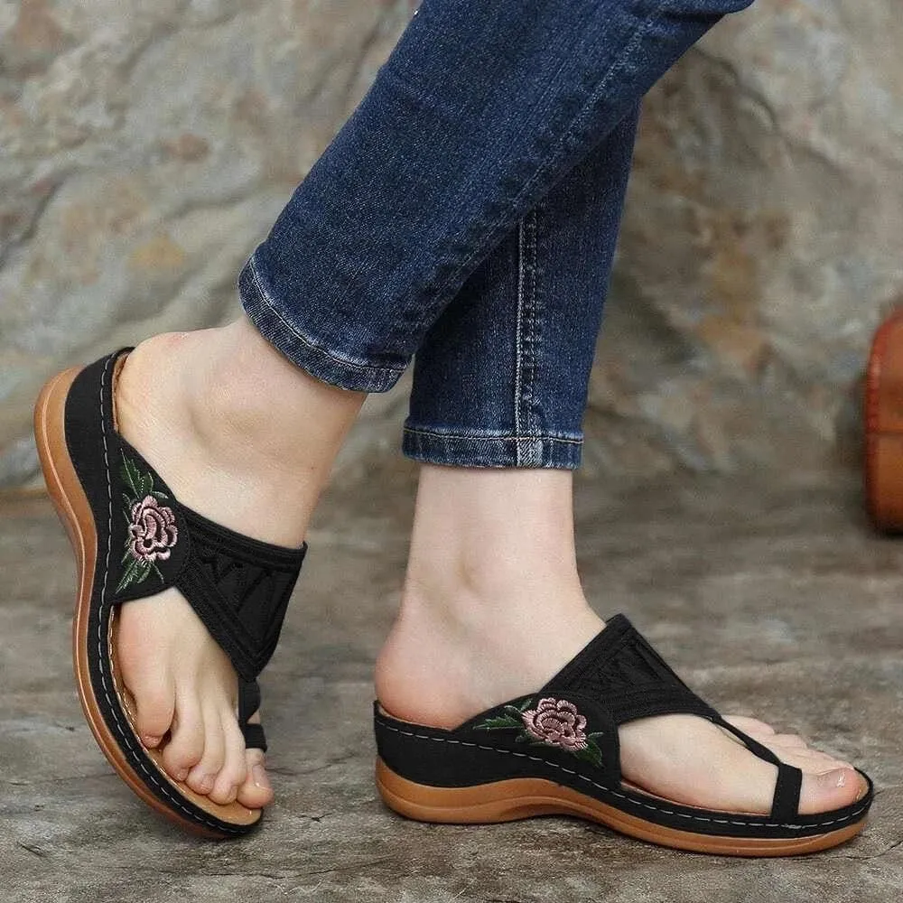Ladies Vintage Embroidered Slip-On Slippers