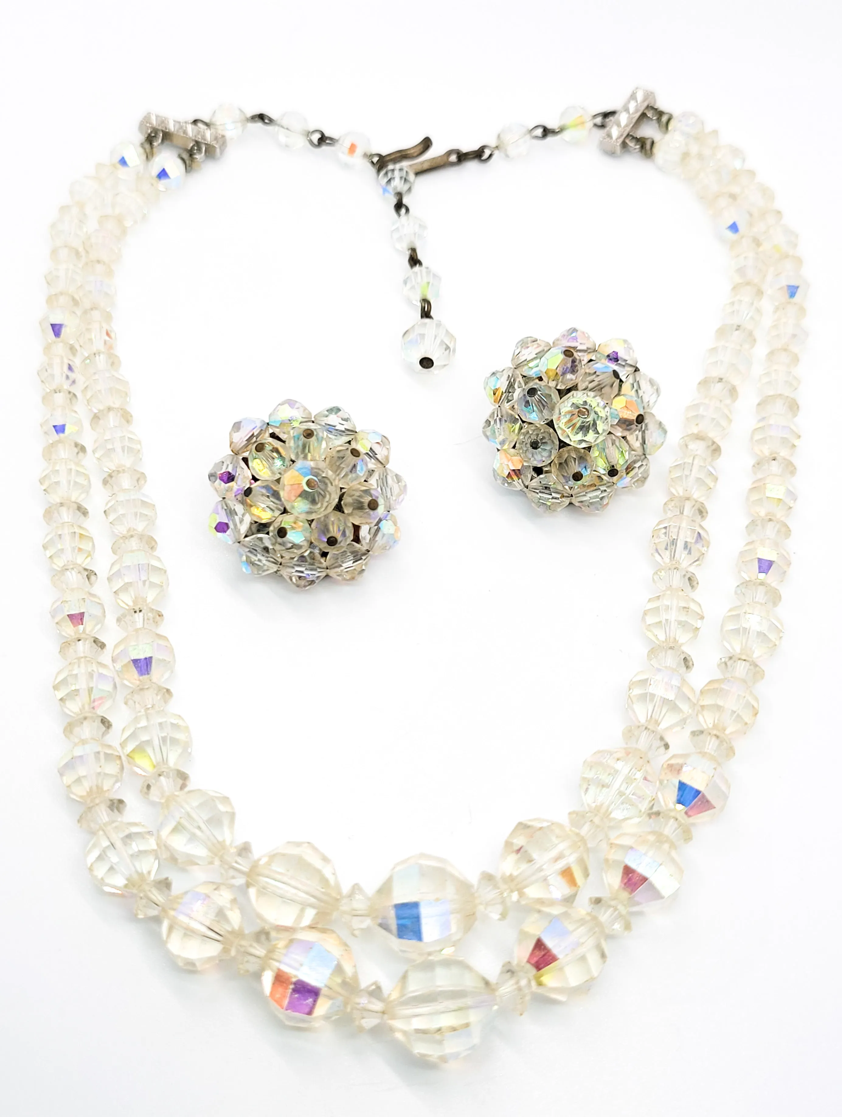 Laguna Faceted rainbow aurora borealis beaded vintage necklace and earrings set