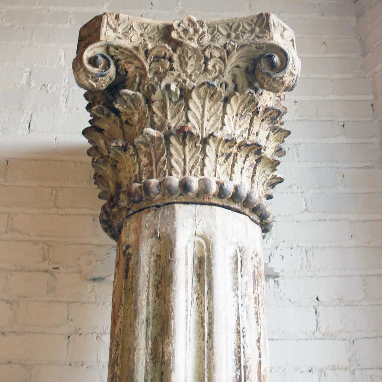 Large Anglo Indian Painted Solid Teak and Limestone Base Building Column