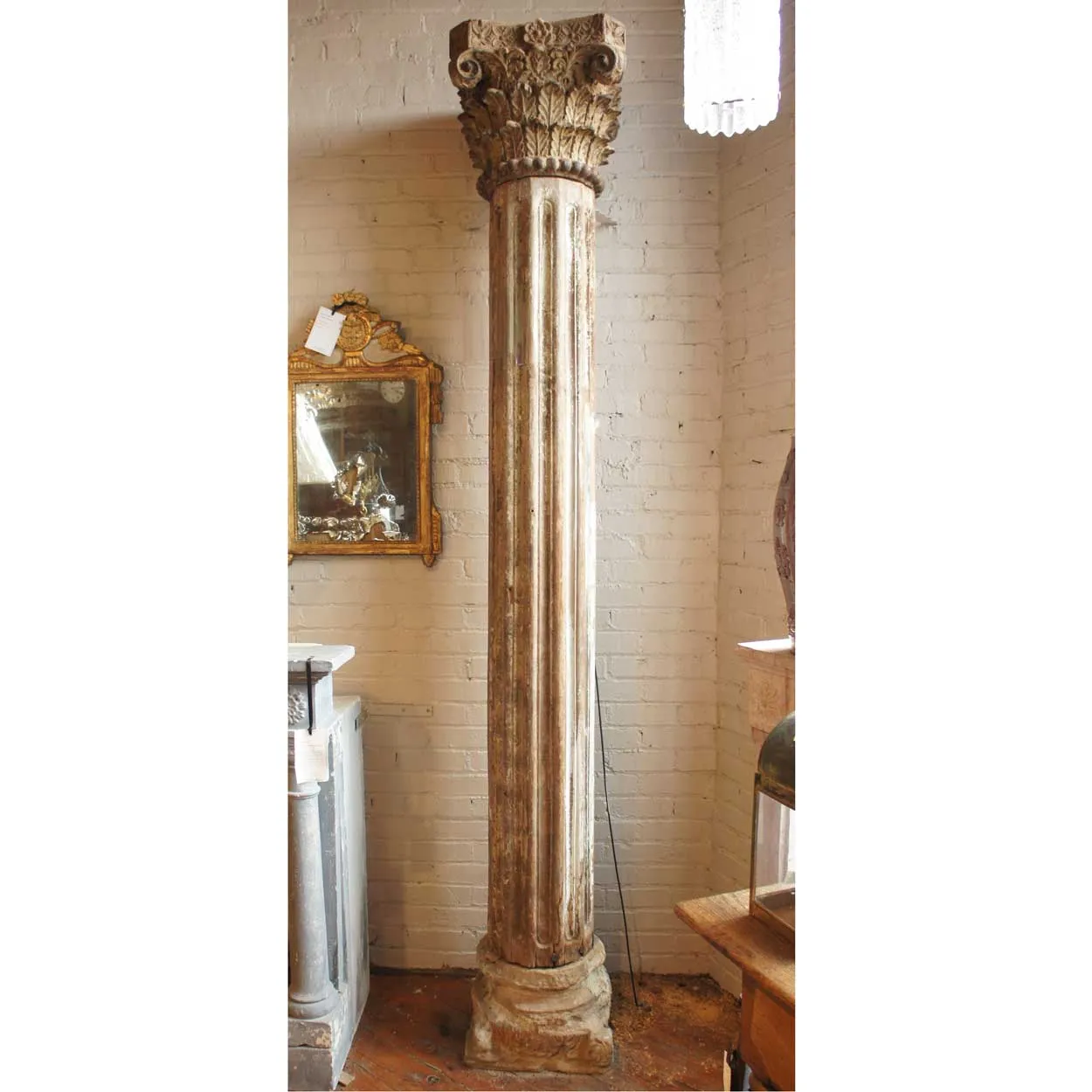 Large Anglo Indian Painted Solid Teak and Limestone Base Building Column