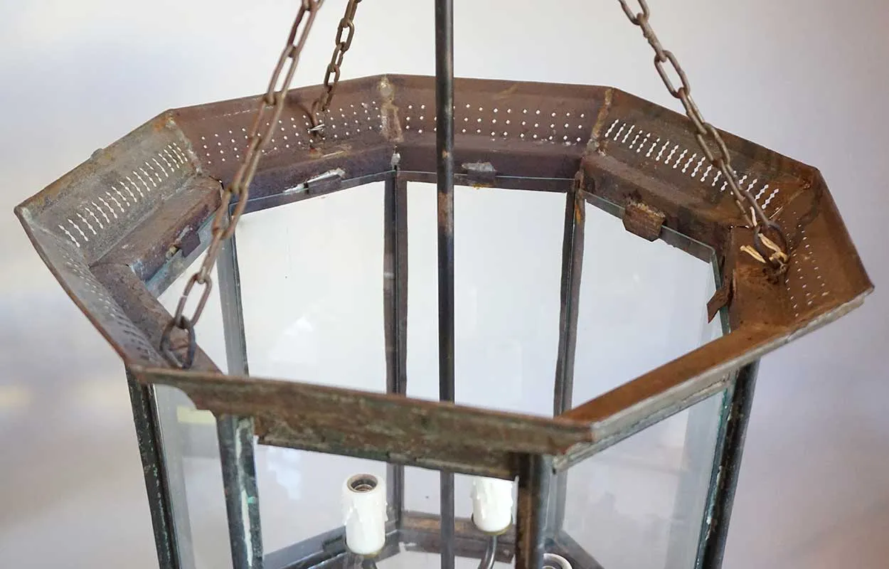 Large Anglo Indian Toleware and Glass Octagonal Four-Light Hanging Lantern