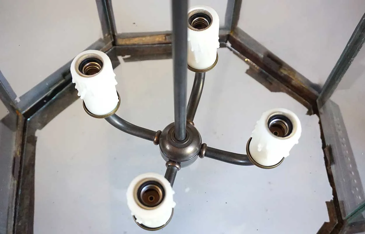 Large Anglo Indian Toleware and Glass Octagonal Four-Light Hanging Lantern