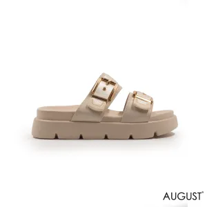 LEATHER STRAPS SLIPPER, THICK SOLE WITH GOLD BUCKLE