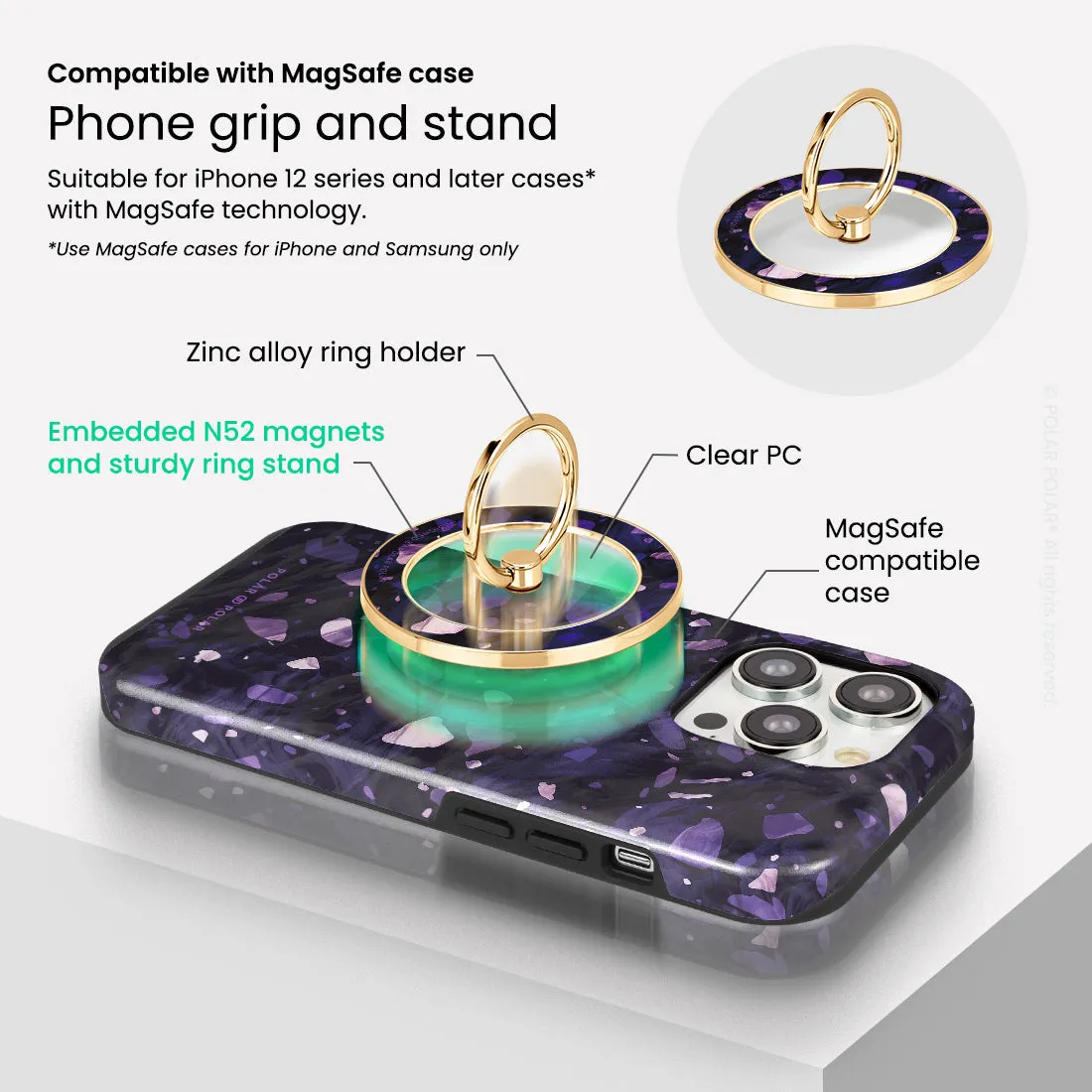 Lilac Terrazzo Gem - Golden MagSafe Phone Grip and Ring Holder Stand