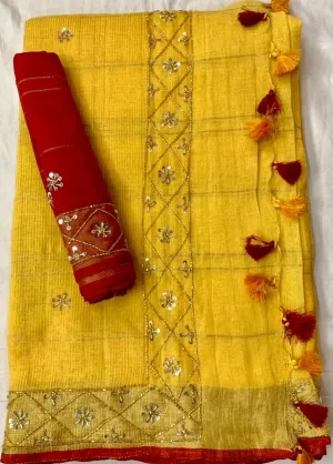 Linen Embroidred Saree In Yellow Color