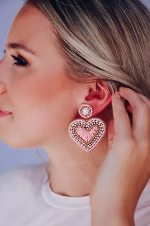 Loving Heart Beaded Earrings - Light Pink