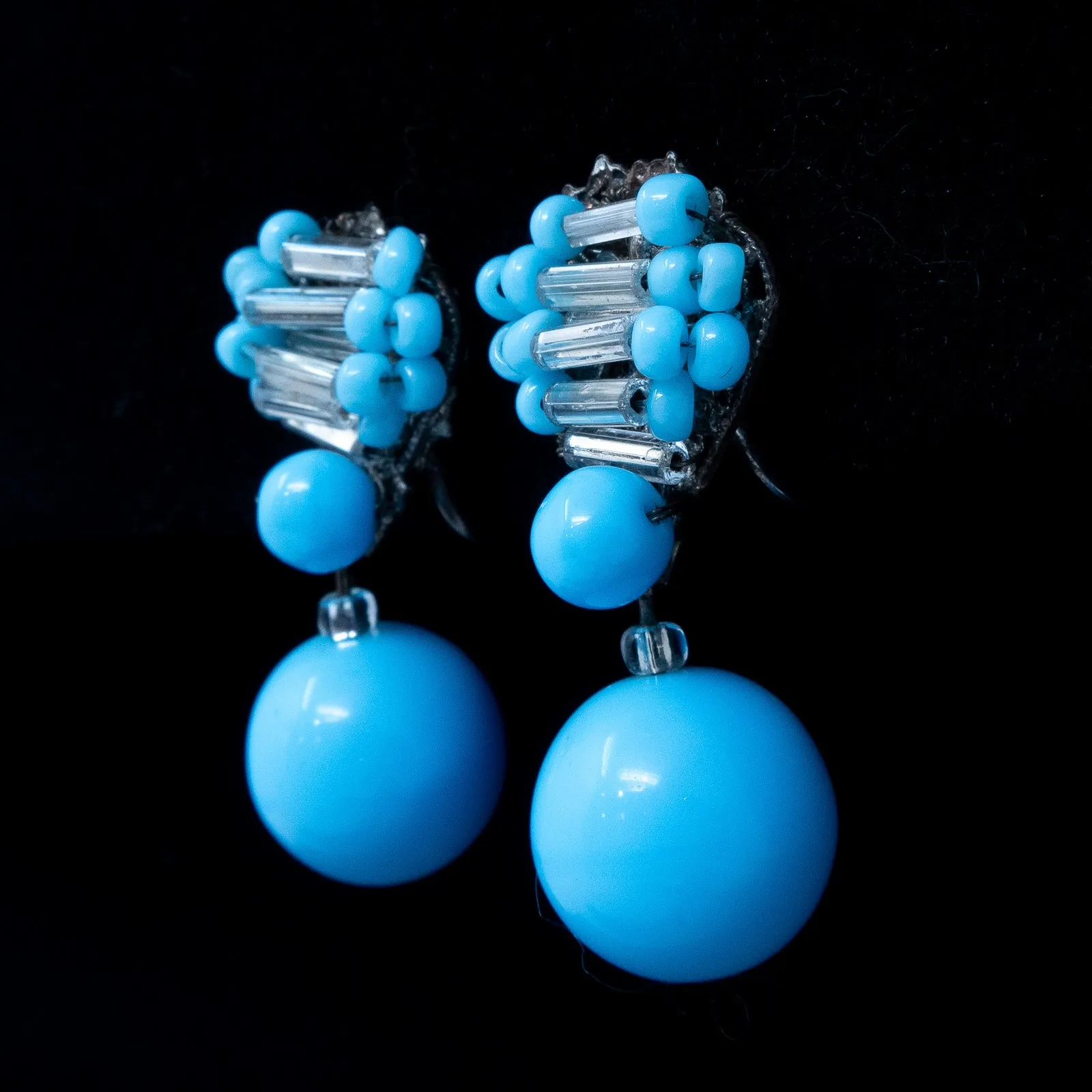 Miriam Haskell Blue Beaded Dangle Earrings