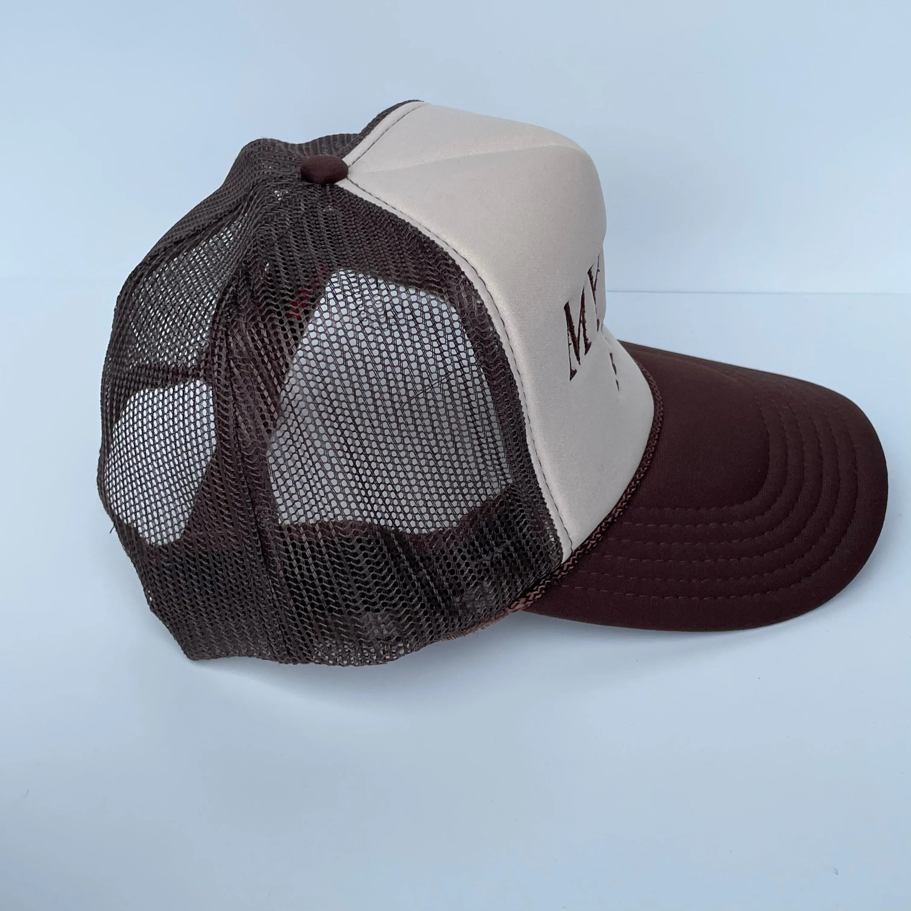 MY FIRST HAT Brown Mesh Khaki Crown Trucker Snapback Cap Hat Custom Embroidery