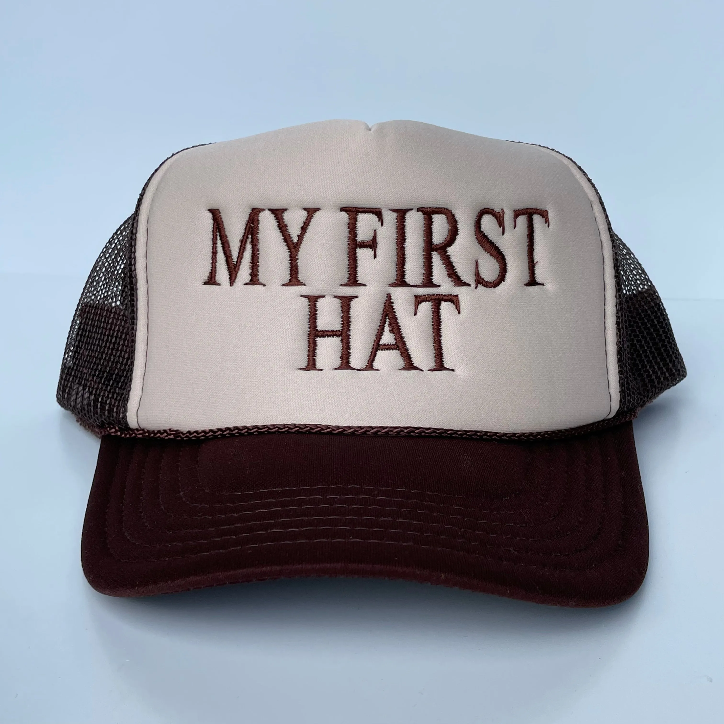 MY FIRST HAT Brown Mesh Khaki Crown Trucker Snapback Cap Hat Custom Embroidery