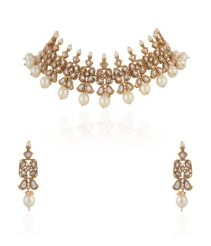 Off White Pearl Jadtar Choker Set