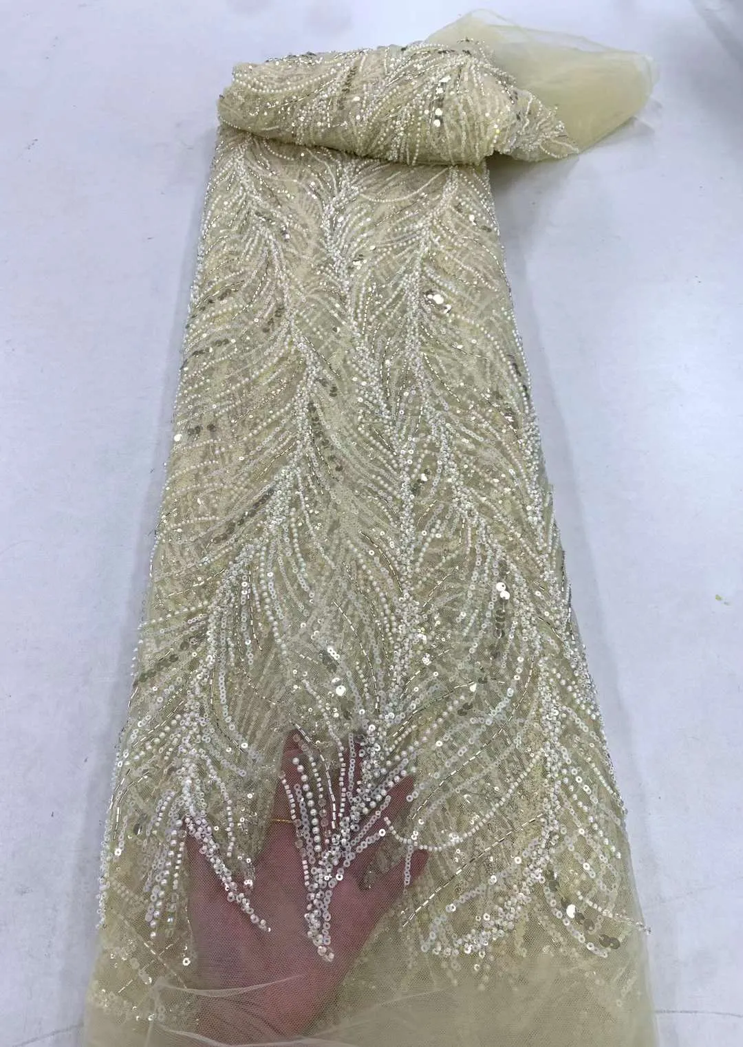 Orange Nigerian Beaded Lace  Fabrics With Beads High Quality Luxury African Sequins French Tulle Lace For Party ZX140Y-1