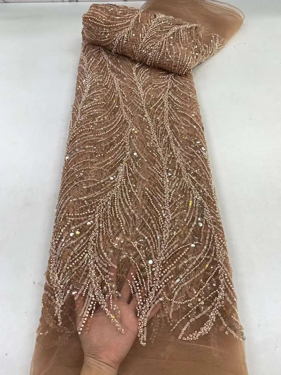 Orange Nigerian Beaded Lace  Fabrics With Beads High Quality Luxury African Sequins French Tulle Lace For Party ZX140Y-1
