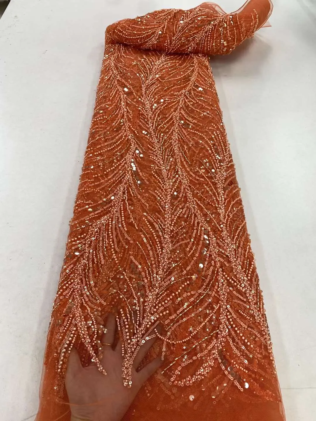 Orange Nigerian Beaded Lace  Fabrics With Beads High Quality Luxury African Sequins French Tulle Lace For Party ZX140Y-1