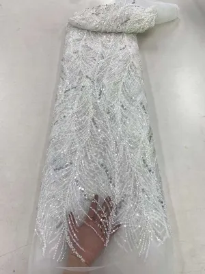 Orange Nigerian Beaded Lace  Fabrics With Beads High Quality Luxury African Sequins French Tulle Lace For Party ZX140Y-1