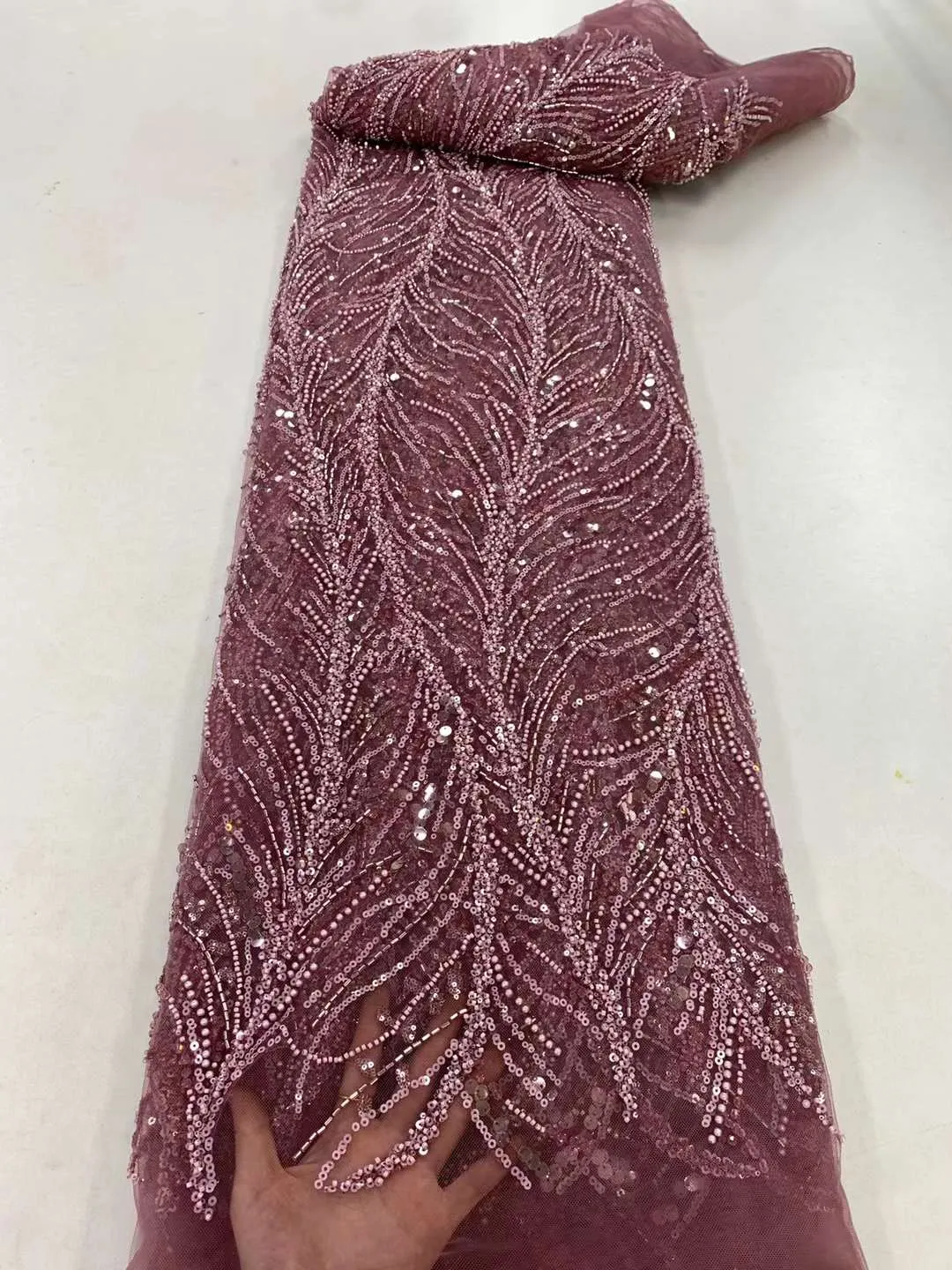 Orange Nigerian Beaded Lace  Fabrics With Beads High Quality Luxury African Sequins French Tulle Lace For Party ZX140Y-1